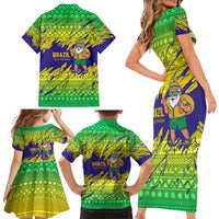 Brazil Christmas Family Matching Short Sleeve Bodycon Dress and Hawaiian Shirt with Tropical Santa Tribal Pattern National Colors and Merry Christmas Text Design - Wonder Print Shop