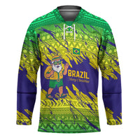 Brazil Christmas Hockey Jersey with Tropical Santa Tribal Pattern National Colors and Merry Christmas Text Design - Wonder Print Shop
