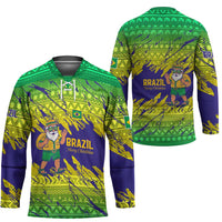 Brazil Christmas Hockey Jersey with Tropical Santa Tribal Pattern National Colors and Merry Christmas Text Design - Wonder Print Shop