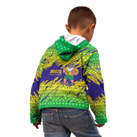 Brazil Christmas Kid Hoodie with Tropical Santa Tribal Pattern National Colors and Merry Christmas Text Design - Wonder Print Shop