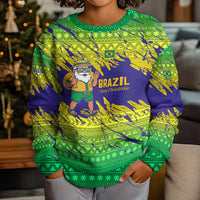 Brazil Christmas Kid Ugly Christmas Sweater with Tropical Santa Tribal Pattern National Colors and Merry Christmas Text Design - Wonder Print Shop