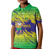 Brazil Christmas Kid Polo Shirt with Tropical Santa Tribal Pattern National Colors and Merry Christmas Text Design - Wonder Print Shop