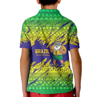 Brazil Christmas Kid Polo Shirt with Tropical Santa Tribal Pattern National Colors and Merry Christmas Text Design - Wonder Print Shop
