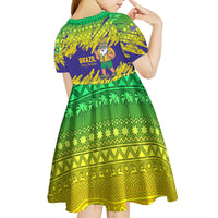 Brazil Christmas Kid Short Sleeve Dress with Tropical Santa Tribal Pattern National Colors and Merry Christmas Text Design - Wonder Print Shop