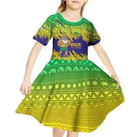 Brazil Christmas Kid Short Sleeve Dress with Tropical Santa Tribal Pattern National Colors and Merry Christmas Text Design - Wonder Print Shop