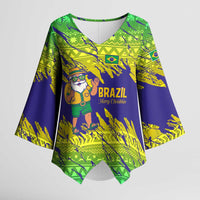 Brazil Christmas Kimono Sleeve Blouse with Tropical Santa Tribal Pattern National Colors and Merry Christmas Text Design - Wonder Print Shop