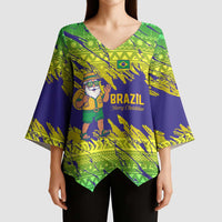 Brazil Christmas Kimono Sleeve Blouse with Tropical Santa Tribal Pattern National Colors and Merry Christmas Text Design - Wonder Print Shop
