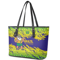 Brazil Christmas Leather Tote Bag with Tropical Santa Tribal Pattern National Colors and Merry Christmas Text Design - Wonder Print Shop