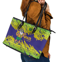 Brazil Christmas Leather Tote Bag with Tropical Santa Tribal Pattern National Colors and Merry Christmas Text Design - Wonder Print Shop