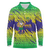 Brazil Christmas Long Sleeve Polo Shirt with Tropical Santa Tribal Pattern National Colors and Merry Christmas Text Design - Wonder Print Shop
