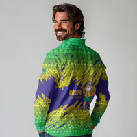 Brazil Christmas Long Sleeve Polo Shirt with Tropical Santa Tribal Pattern National Colors and Merry Christmas Text Design - Wonder Print Shop