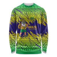 Brazil Christmas Long Sleeve Shirt with Tropical Santa Tribal Pattern National Colors and Merry Christmas Text Design - Wonder Print Shop