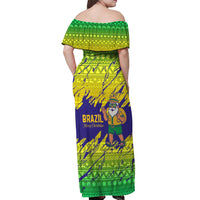 Brazil Christmas Off Shoulder Maxi Dress with Tropical Santa Tribal Pattern National Colors and Merry Christmas Text Design - Wonder Print Shop