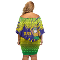 Brazil Christmas Off Shoulder Short Dress with Tropical Santa Tribal Pattern National Colors and Merry Christmas Text Design - Wonder Print Shop