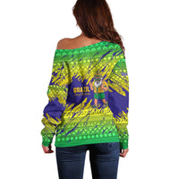 Brazil Christmas Off Shoulder Sweater with Tropical Santa Tribal Pattern National Colors and Merry Christmas Text Design - Wonder Print Shop