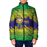 Brazil Christmas Padded Jacket with Tropical Santa Tribal Pattern National Colors and Merry Christmas Text Design - Wonder Print Shop