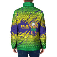 Brazil Christmas Padded Jacket with Tropical Santa Tribal Pattern National Colors and Merry Christmas Text Design - Wonder Print Shop