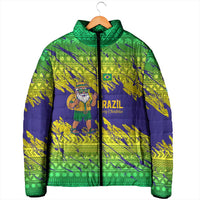 Brazil Christmas Padded Jacket with Tropical Santa Tribal Pattern National Colors and Merry Christmas Text Design - Wonder Print Shop