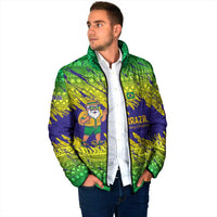 Brazil Christmas Padded Jacket with Tropical Santa Tribal Pattern National Colors and Merry Christmas Text Design - Wonder Print Shop