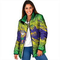 Brazil Christmas Padded Jacket with Tropical Santa Tribal Pattern National Colors and Merry Christmas Text Design - Wonder Print Shop