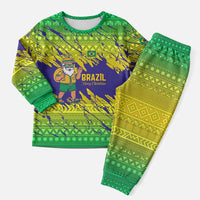 Brazil Christmas Pajama Set with Tropical Santa Tribal Pattern National Colors and Merry Christmas Text Design - Wonder Print Shop