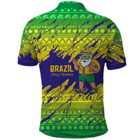 Brazil Christmas Polo Shirt with Tropical Santa Tribal Pattern National Colors and Merry Christmas Text Design - Wonder Print Shop