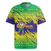 Brazil Christmas Rugby Jersey with Tropical Santa Tribal Pattern National Colors and Merry Christmas Text Design - Wonder Print Shop