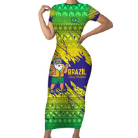 Brazil Christmas Short Sleeve Bodycon Dress with Tropical Santa Tribal Pattern National Colors and Merry Christmas Text Design - Wonder Print Shop