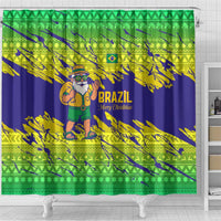 Brazil Christmas Shower Curtain with Tropical Santa Tribal Pattern National Colors and Merry Christmas Text Design - Wonder Print Shop