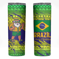 Brazil Christmas Skinny Tumbler with Tropical Santa Tribal Pattern National Colors and Merry Christmas Text Design - Wonder Print Shop