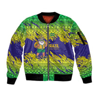 Brazil Christmas Sleeve Zip Bomber Jacket with Tropical Santa Tribal Pattern National Colors and Merry Christmas Text Design - Wonder Print Shop