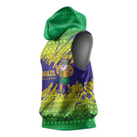 Brazil Christmas Sleeveless Hoodie with Tropical Santa Tribal Pattern National Colors and Merry Christmas Text Design - Wonder Print Shop