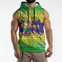 Brazil Christmas Sleeveless Hoodie with Tropical Santa Tribal Pattern National Colors and Merry Christmas Text Design - Wonder Print Shop