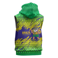 Brazil Christmas Sleeveless Zip Hoodie with Tropical Santa Tribal Pattern National Colors and Merry Christmas Text Design - Wonder Print Shop