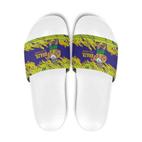 Brazil Christmas Slide Sandals with Tropical Santa Tribal Pattern National Colors and Merry Christmas Text Design - Wonder Print Shop