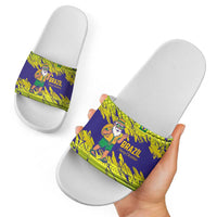 Brazil Christmas Slide Sandals with Tropical Santa Tribal Pattern National Colors and Merry Christmas Text Design - Wonder Print Shop