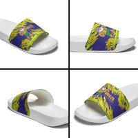 Brazil Christmas Slide Sandals with Tropical Santa Tribal Pattern National Colors and Merry Christmas Text Design - Wonder Print Shop