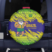 Brazil Christmas Spare Tire Cover with Tropical Santa Tribal Pattern National Colors and Merry Christmas Text Design - Wonder Print Shop