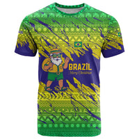 Brazil Christmas T Shirt with Tropical Santa Tribal Pattern National Colors and Merry Christmas Text Design - Wonder Print Shop