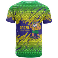 Brazil Christmas T Shirt with Tropical Santa Tribal Pattern National Colors and Merry Christmas Text Design - Wonder Print Shop