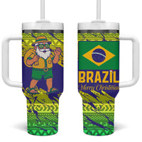 Brazil Christmas Tumbler With Handle with Tropical Santa Tribal Pattern National Colors and Merry Christmas Text Design - Wonder Print Shop