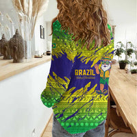 Brazil Christmas Women Casual Shirt with Tropical Santa Tribal Pattern National Colors and Merry Christmas Text Design - Wonder Print Shop