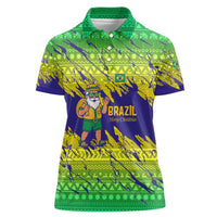 Brazil Christmas Women Polo Shirt with Tropical Santa Tribal Pattern National Colors and Merry Christmas Text Design - Wonder Print Shop