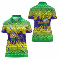 Brazil Christmas Women Polo Shirt with Tropical Santa Tribal Pattern National Colors and Merry Christmas Text Design - Wonder Print Shop