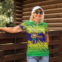 Brazil Christmas Women Polo Shirt with Tropical Santa Tribal Pattern National Colors and Merry Christmas Text Design - Wonder Print Shop