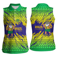 Brazil Christmas Women Sleeveless Polo Shirt with Tropical Santa Tribal Pattern National Colors and Merry Christmas Text Design - Wonder Print Shop