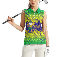 Brazil Christmas Women Sleeveless Polo Shirt with Tropical Santa Tribal Pattern National Colors and Merry Christmas Text Design - Wonder Print Shop