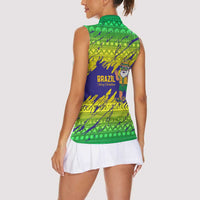 Brazil Christmas Women Sleeveless Polo Shirt with Tropical Santa Tribal Pattern National Colors and Merry Christmas Text Design - Wonder Print Shop