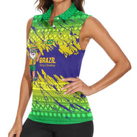 Brazil Christmas Women Sleeveless Polo Shirt with Tropical Santa Tribal Pattern National Colors and Merry Christmas Text Design - Wonder Print Shop
