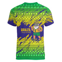 Brazil Christmas Women V-Neck T-Shirt with Tropical Santa Tribal Pattern National Colors and Merry Christmas Text Design - Wonder Print Shop